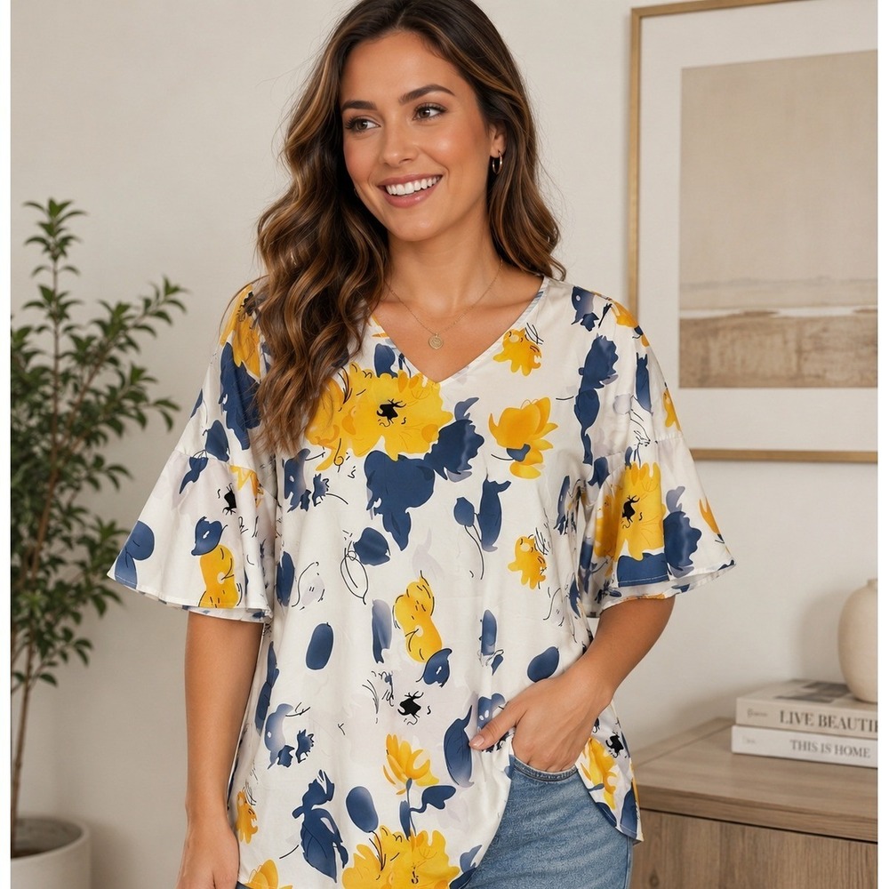 Misslook Womens Floral V-Neck Bell Sleeve Blouse Yellow Navy Blue Size L 921181#
